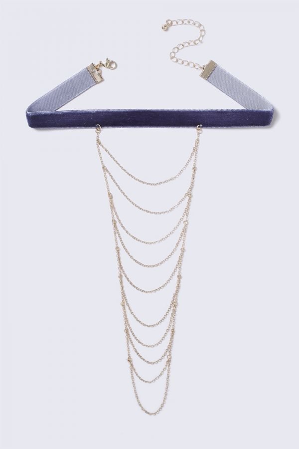 Gina Tricot Blue Suede Choker With Multilayer Chain Kaulakoru