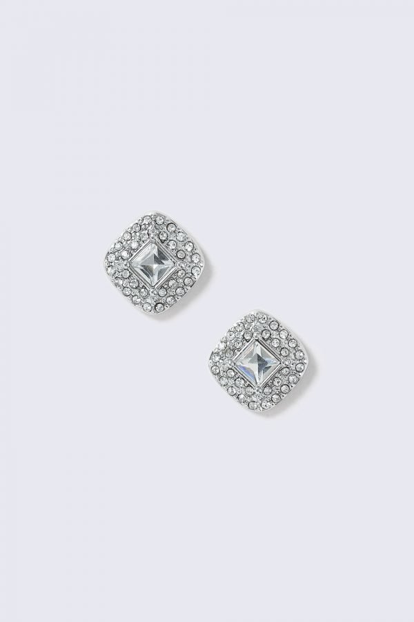 Gina Tricot Silver Look Crystal Square Stud Korvakorut